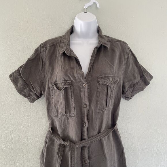 Lucky Brand Army Green Midi Shirt Dress Full Button Short Sleeve Collar Womens L - Picture 2 of 7